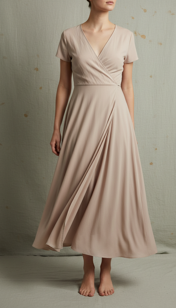 Rose Beige Midi Wrap Dress, Adjustable Waist